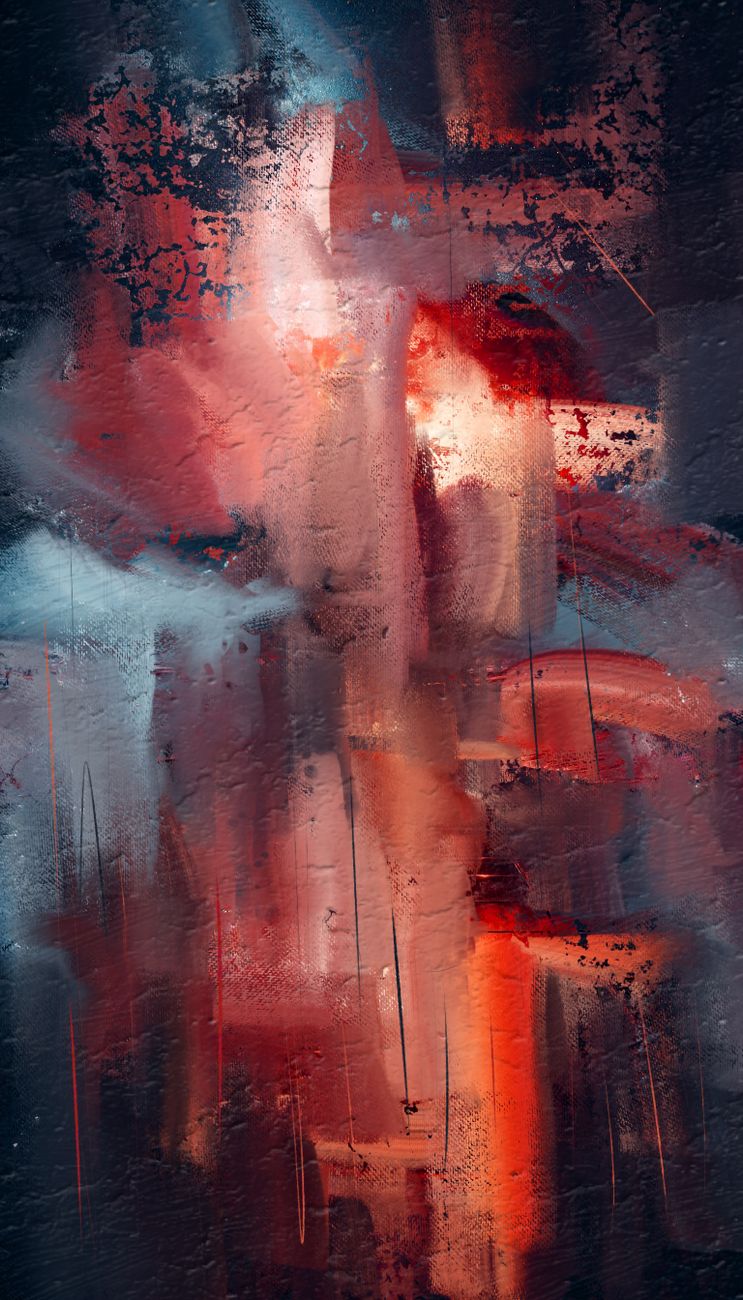 Abstract oil painting with layered red, blue, gray, and pale brushstrokes.